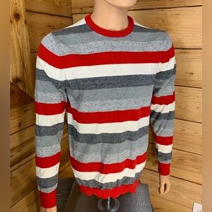 Cotton‎ Red White Grey Striped Crewneck Sweater Mens Large